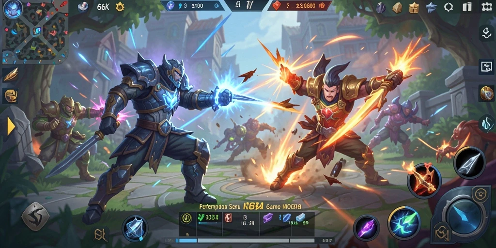Tangkapan layar gameplay seru 66K di pertandingan MOBA.