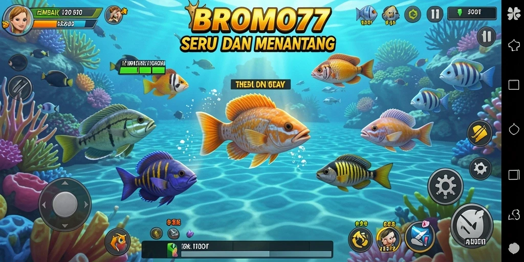 Gameplay seru BROMO77 saat menembak ikan di bawah laut.