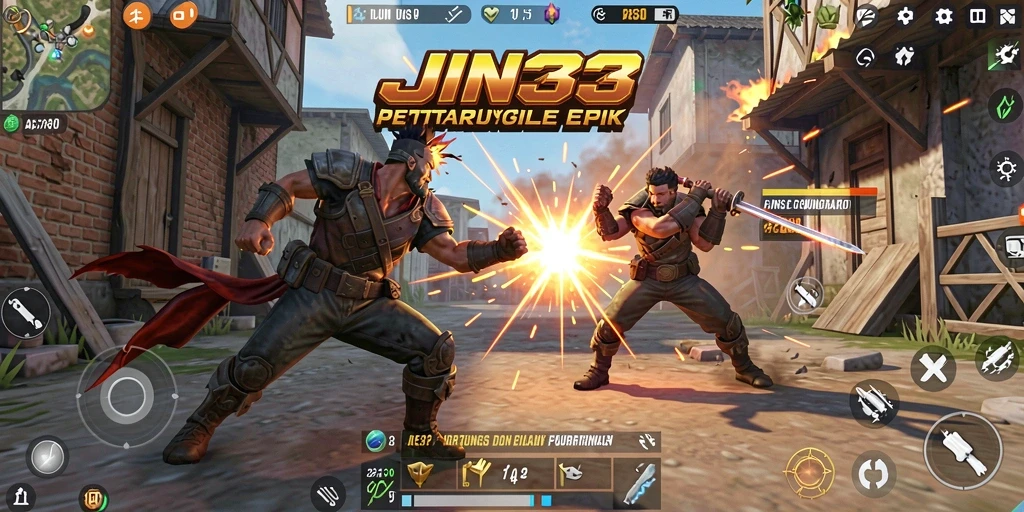Screenshot gameplay JIN33 yang menunjukkan aksi pertarungan Battle Royale yang intens.