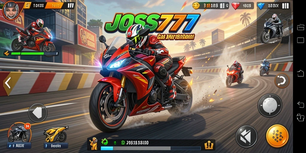 Tangkapan layar utama JOSS777 menampilkan aksi balap motor yang mendebarkan.