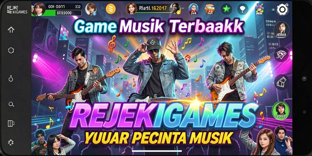 Tampilan gameplay REJEKIGAMES dengan berbagai tantangan musik.