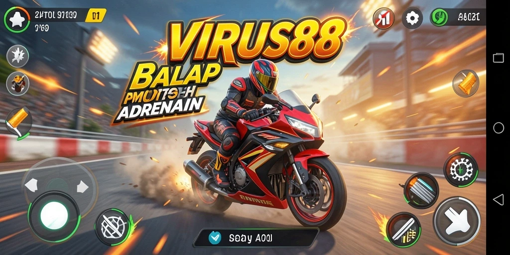 Tampilan gameplay seru dalam VIRUS88 saat balapan motor.